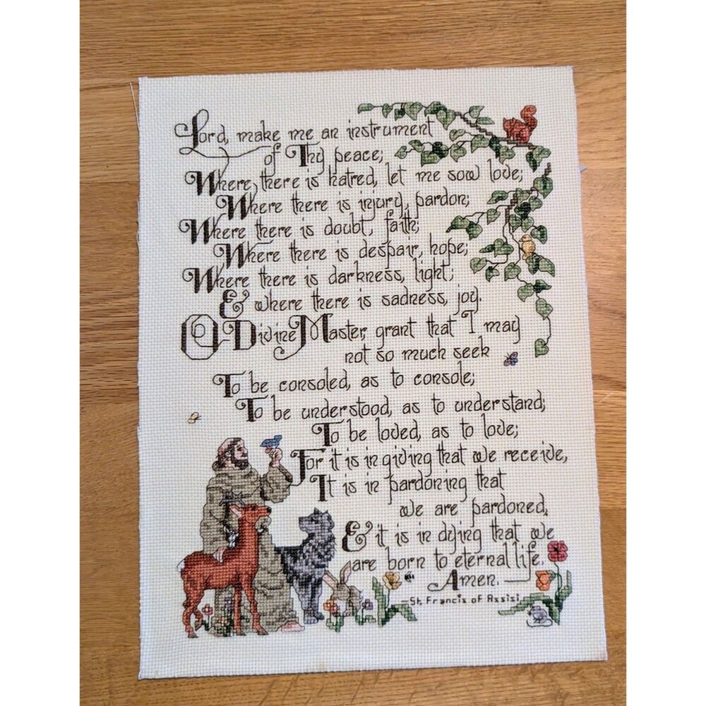 Vtg Prayer of Saint Francis Handmade CrossStitch Sampler Unframed Cardboard Back